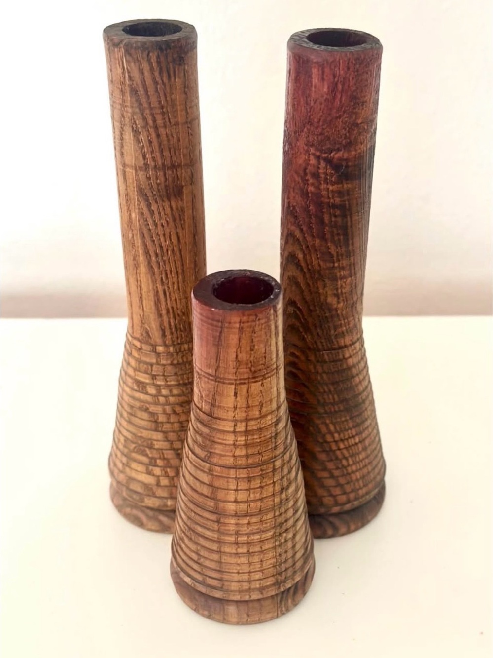3 Antique Wood Textile Bobbins Upcycled Industrial Candlestick Bud Vases